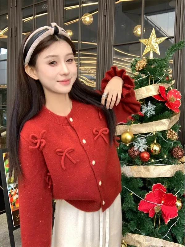 Autunno Inverno Nuovo Sle Bianco 3D Nodo rotondo Ne Sciolto Lungo Sve Cardigan aperto lavorato a maglia Top delicato da donna