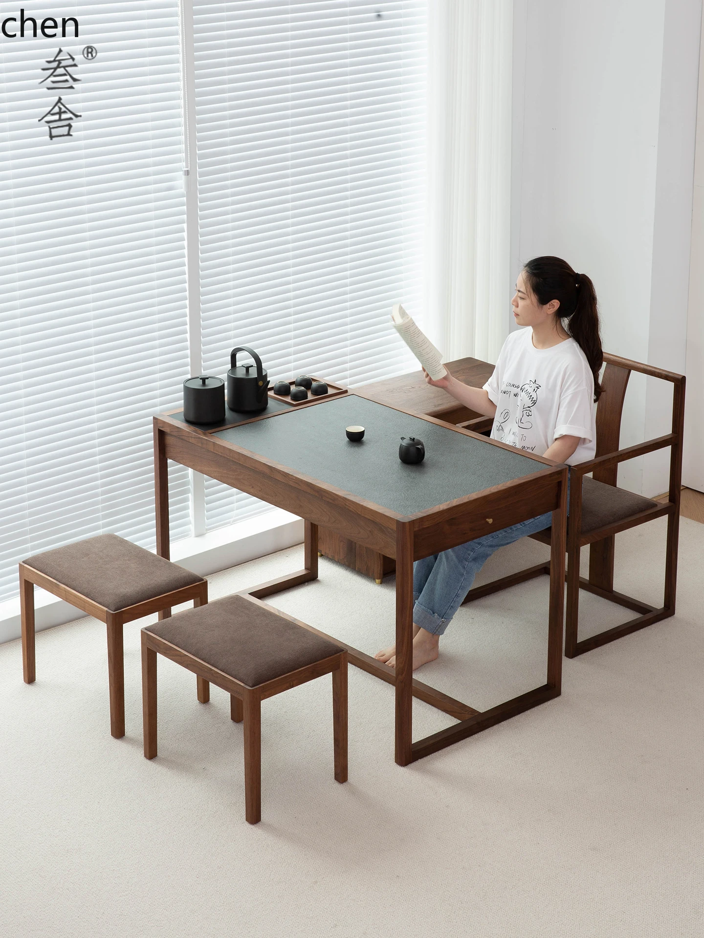 ZML Walnut Solid Wood Rock Board Tea Table with Kettle Household Minimalist Small Balcony Storage Tea Table