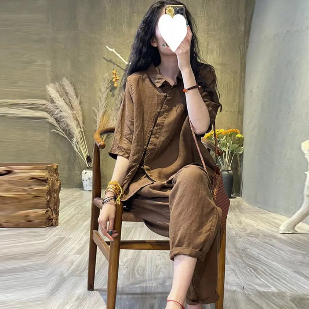 

Summer Western-Style Button-Down Shirt Set for Women Retro Artistic Cotton Linen Two-Piece Outfit Elegant Trendy Leg Pants