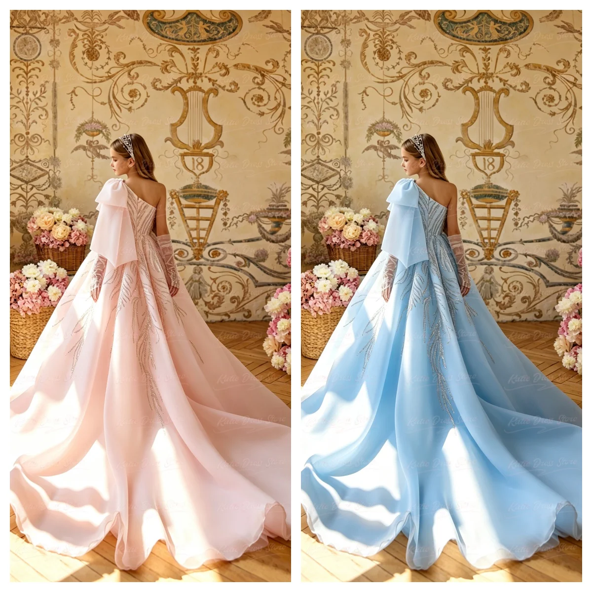 Customized Flower Girl Dress For Wedding Beading Puffy With Bow Puffy Applique Kids Birthday Party First Communion Ball Gowns