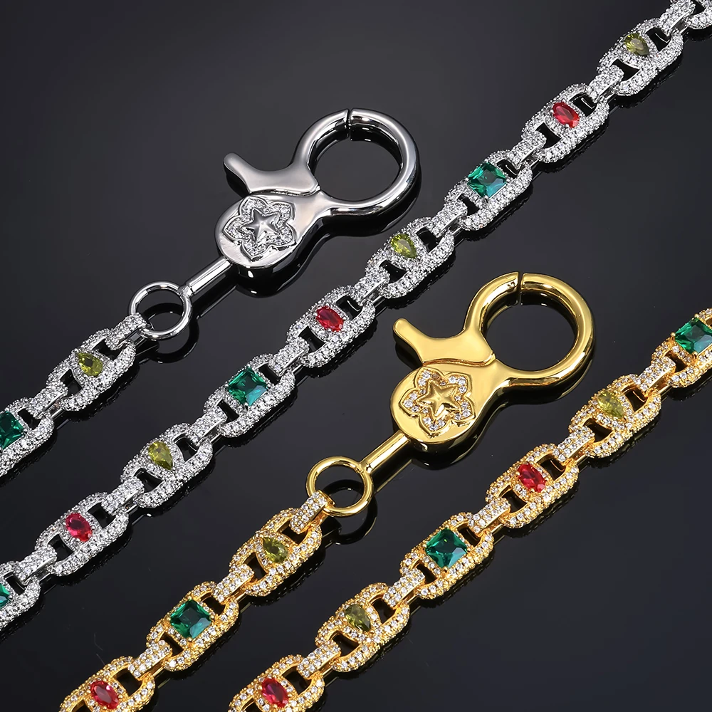 NY Mixed Inlaid Colorful Zircon Cuban Chain Gold Silver Plated Iced Out Diamond Hip Hop Pants Chain Gift