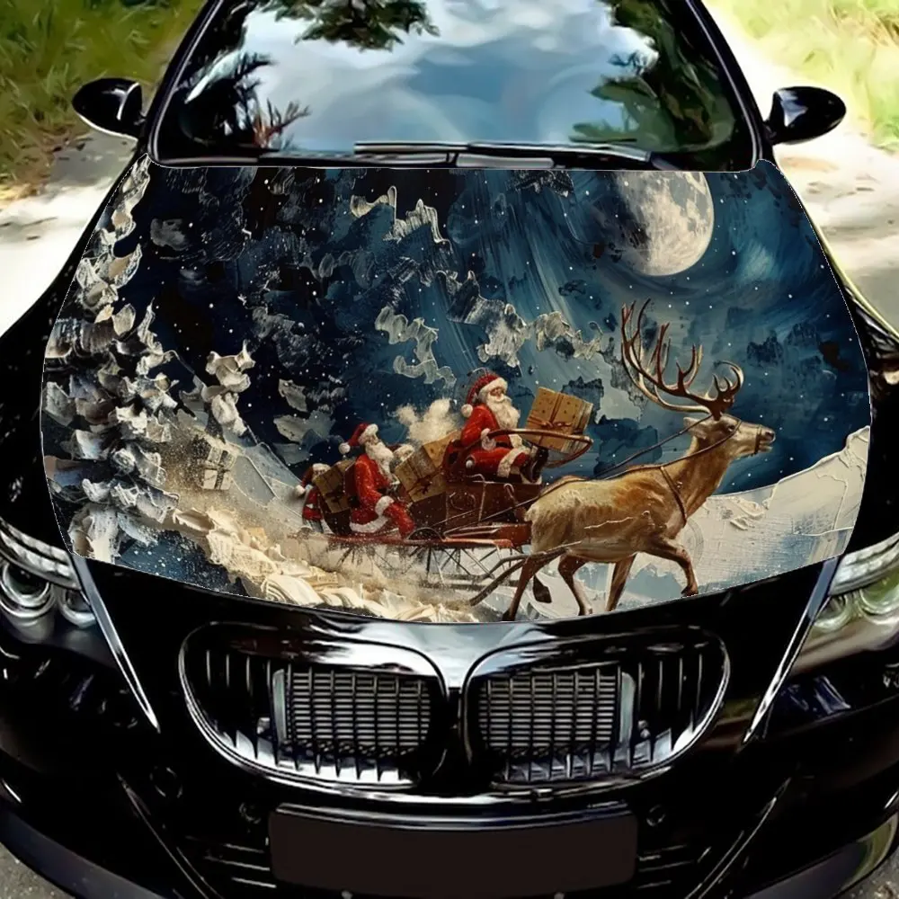 

Under The Moonlit Santa Claus Drives Reindeer Print Car Hood Wrap Color Vinyl Sticker Truck Graphic Bonnet Decoration Decal Gift