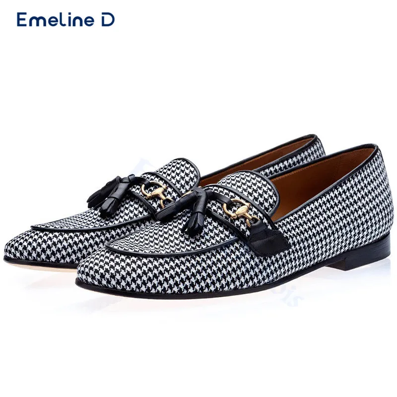 

Blue Tassel Check Loafers with Metal Buckle Slip-On Casual Shoes Large Size Comfortable and Personalized Business Men's Shoes