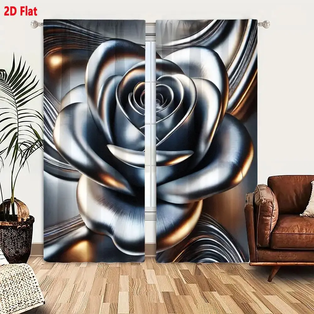 2Pcs Curtains 2D Flat Highly Detailed 3D-Rendered Silver Metallic Rose With Golden Highlights And Swirling Ribbon-Like Structure