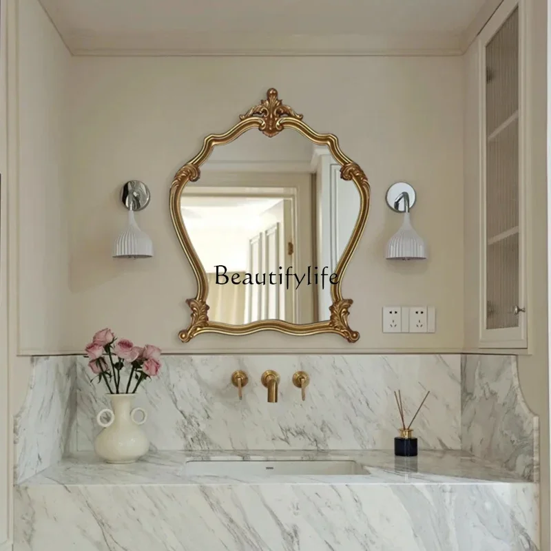 03LVintage Carved Bathroom Mirror American Style Entrance Fireplace Decorative Mirror European Style LED Smart