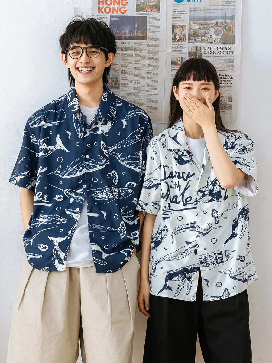 Short-Sleeved Shirt Couple's Geometric Pattern Printing Fashion Loose Casual  Single-Breasted Spring Summer T-shirt Jacket Thin