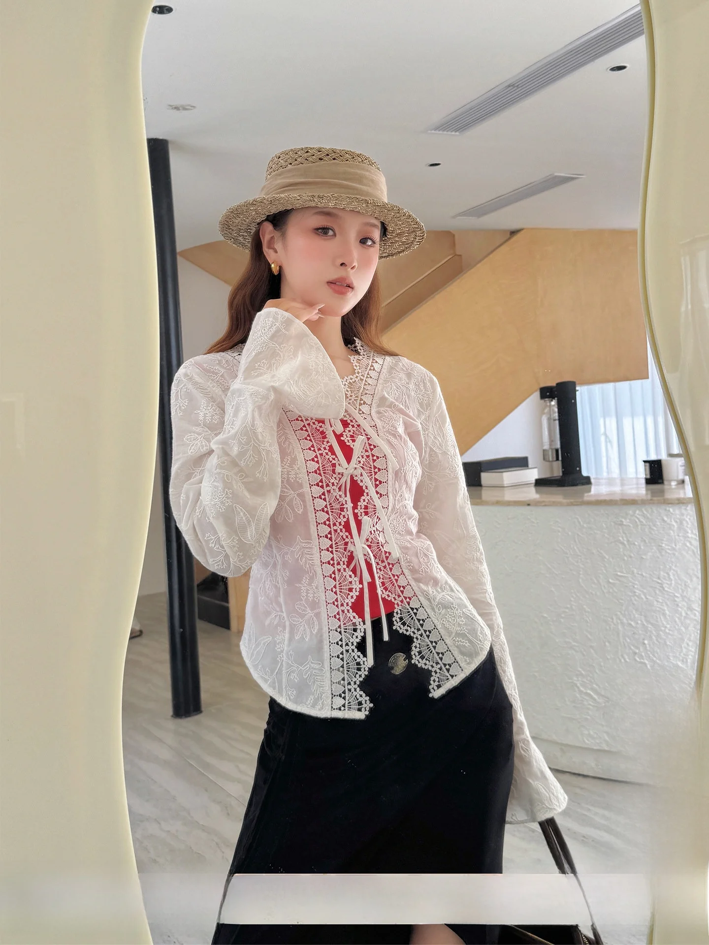 

5E IF Lace Patchwork Long Sve T-irt Women's irt Simple Sle Pure Cotton Straight Cut Cotton 00%