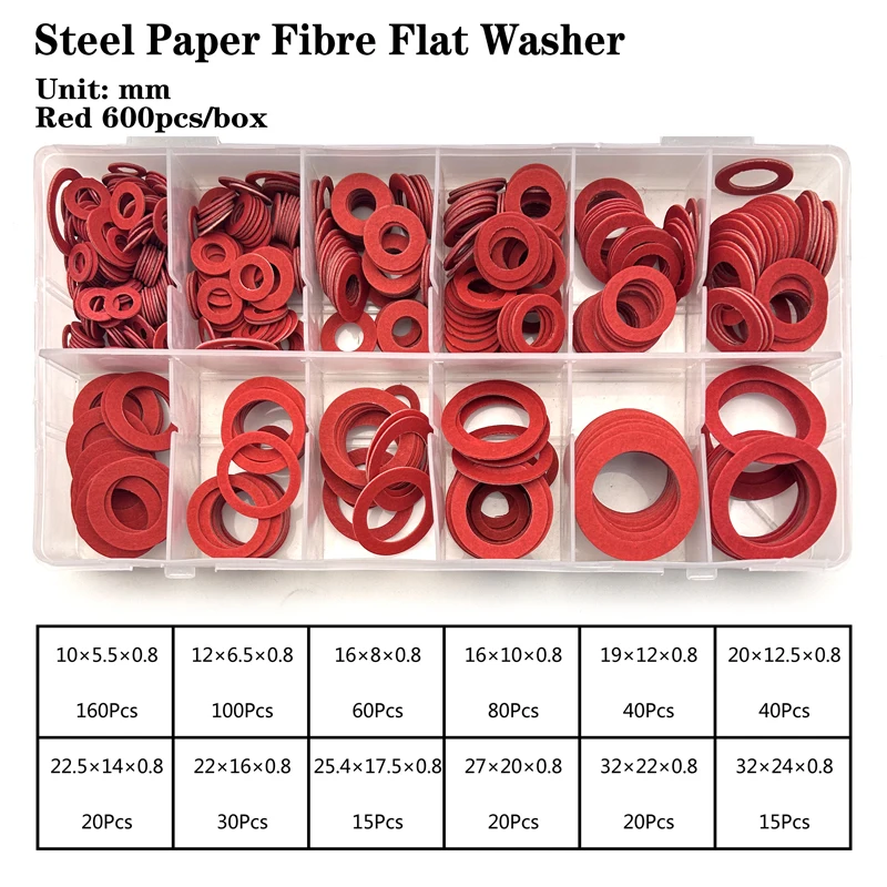 

600pcs M5.5/6.5/8/10/12/12.5/14/16/17.5/20 Red Steel Paper Flat Washer Plain Spacer Insulation Gasket Ring Mix Size Kit Set Box