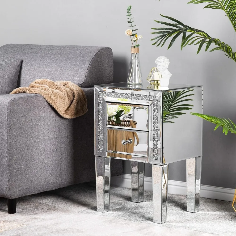 

Mirror Bedside Table 2 Sets of Silver Glass Sofas/sofa Side Tables with Storage Space for Bedroom Side Tables, 24.8 Inches High