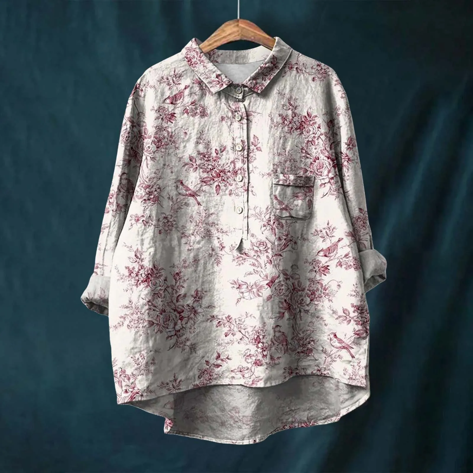 Vintage Floral Print Flax Blouse For Woman Fashion Lapel Long Sleeve Blouses Women Autumn Buttons Pullover Loose Top Female 2024