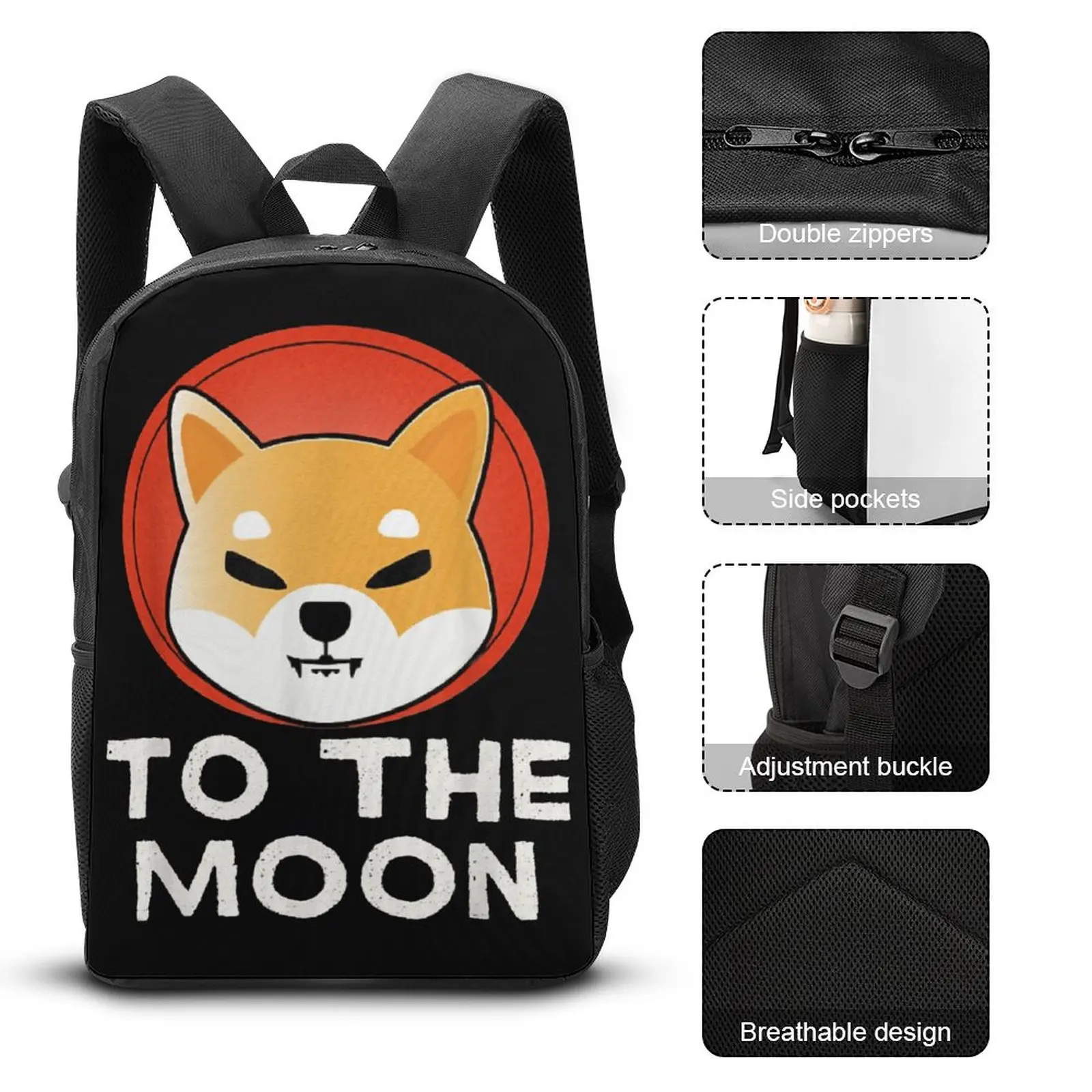 Shiba Inu To The Moon Token Shib Coin Crypto Hodle 3 in 1 Set 17 Inch Backpack Lunch Bag Pen Bag Picnics Graphic Vintage Secure