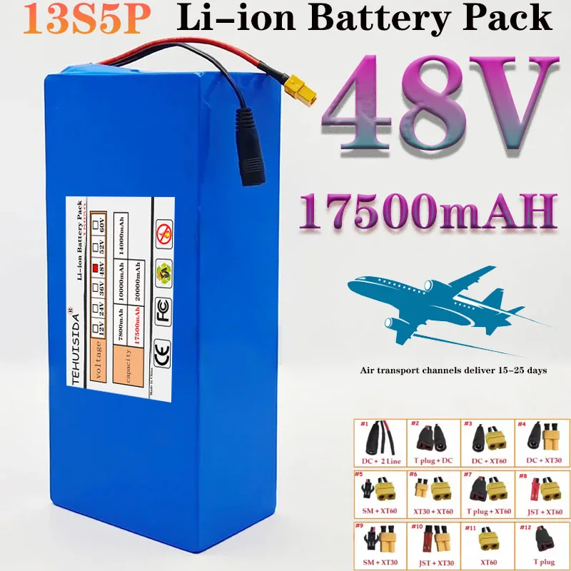 Batterie au Lithium 48V 17,5 ah 18650 13S5P, BMS Intelligent intégré pour machines électriques 500-1000W