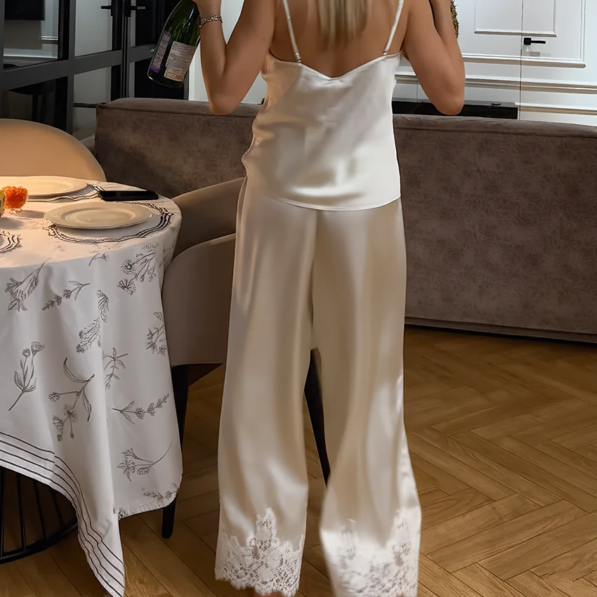 HiLoc Apricot Elegant Lace Woven Inelastic Pajamas Two-Piece Sleeveless Suspender Vest Top Elastic Waist Ankle-Length Pants 2026