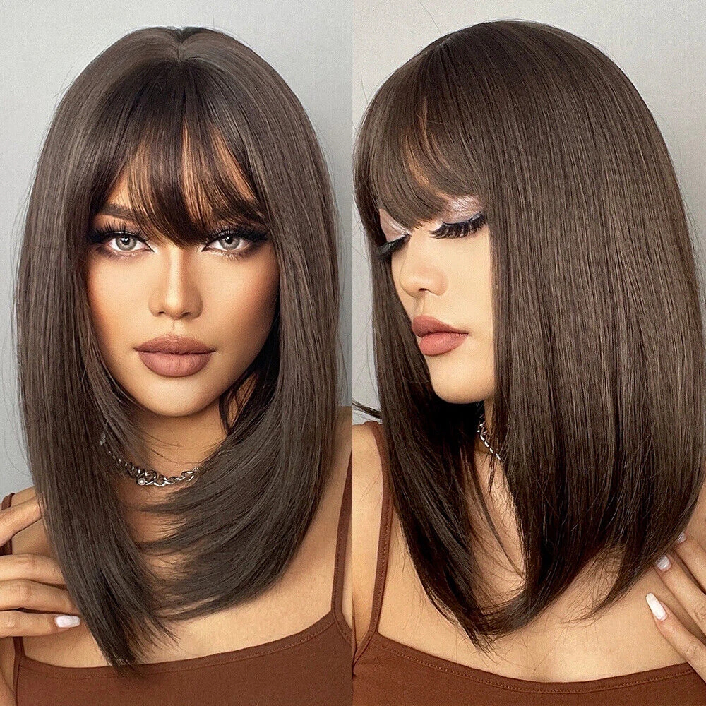 

Natural Straight Bob Synthetic Hair Wigs with Bangs for Women Dark Brown