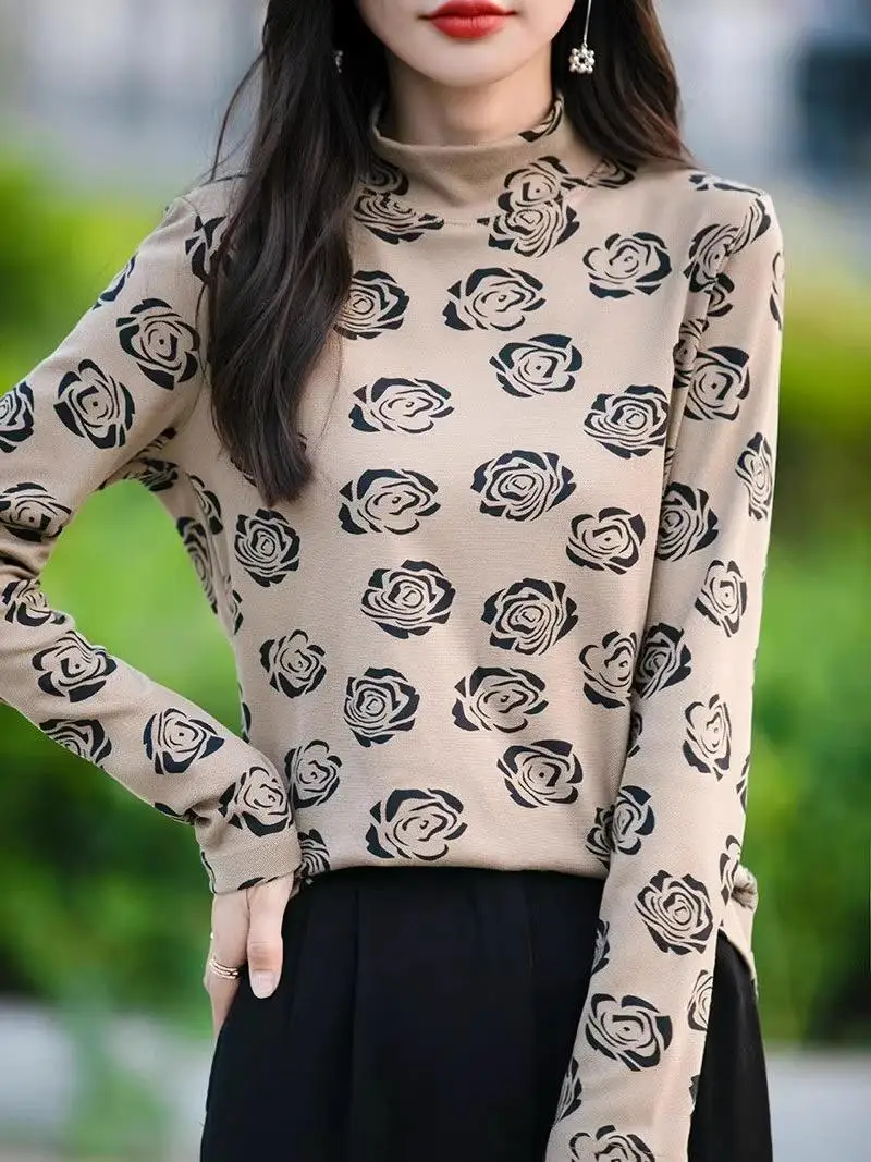 Double-Sided Velvet Print fling High Ne Long Sve Women's Base irt Warm Thermal Inner Wear Top for Autumn Winter