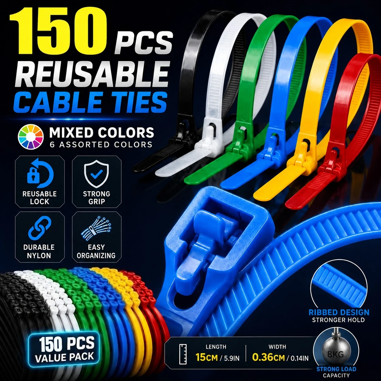 150pcs Heavy-Duty Reusable Self-Locking Nylon Cable Ties, Color-Coded Mixed Colors with Flexible Rib Structure & Safe Locking