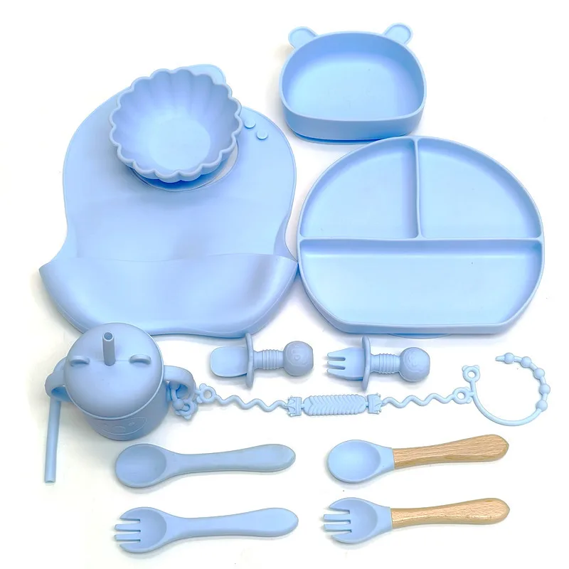 Children's Silicone Tableware Dinner Plate Baby Complementary Bowl Set 13pcs Suction Cup Bowl Drop-proof Straw Cups