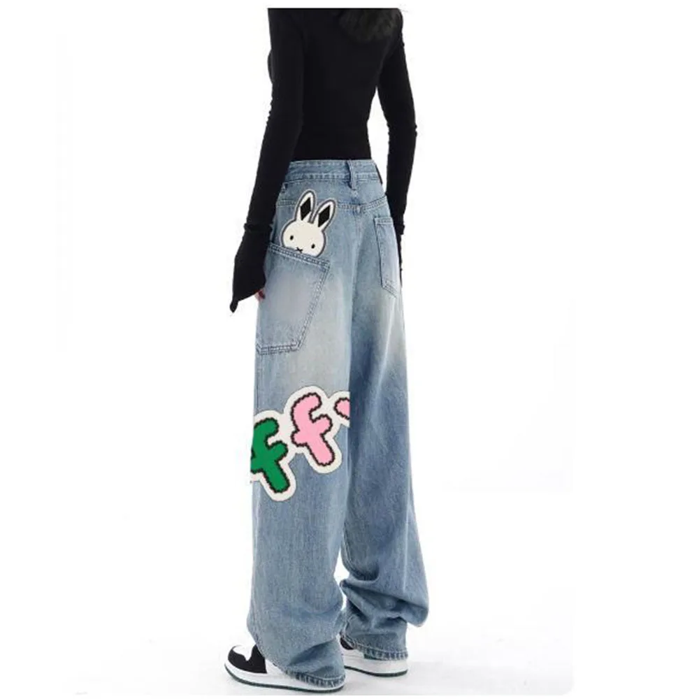 

Miffy Cartoon Embroidered Wide-Leg Jeans for Women Retro Washed Loose Jeans Street Style Loose Pants Y2K Miffy Letter Embroidery