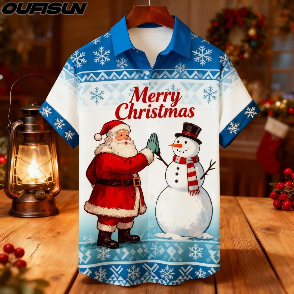 

2025 Рождественская вечеринка, мужская рубашка большого размера с лацканами и коротким рукавом, повседневная уличная рождественская рубашка в стиле хип-хоп, футболка, топ