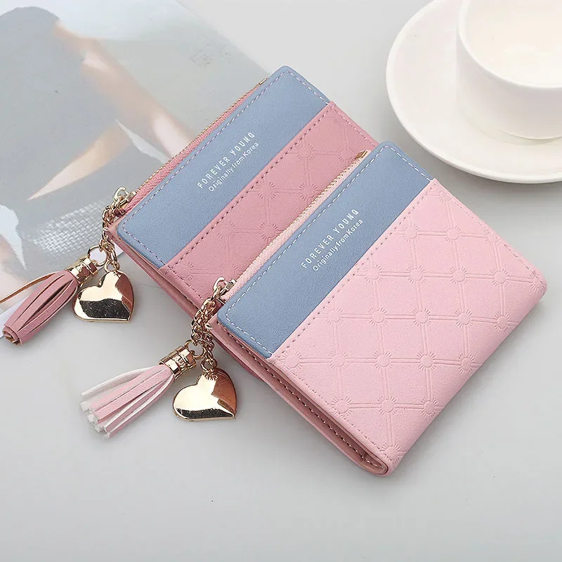 New Arrival Short Women Wallets Tassel Zipper Purse Patchwork Fashion Panelled Wallets Trendy Coin Purse Card Holder Leather