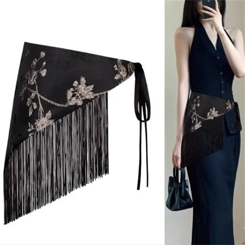 

Широкий пояс-шарф для женщин в китайском стиле, треугольный платок-пояс, украшение для талии, ретро-богемный пояс с кисточками, обмотка для талии