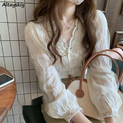 Shirts Women Lace Patchwork Fashion V-neck All-match Fairy Korean Style Clothes Designed Gentle Y2k Tops All-match Blusas Chic