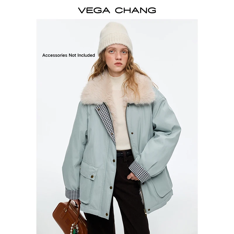 Kurtka puchowa Vega Chang New Winter damska, aksamitna, z futrzanym kołnierzem i przeszyciami w kratę, ciepły płaszcz