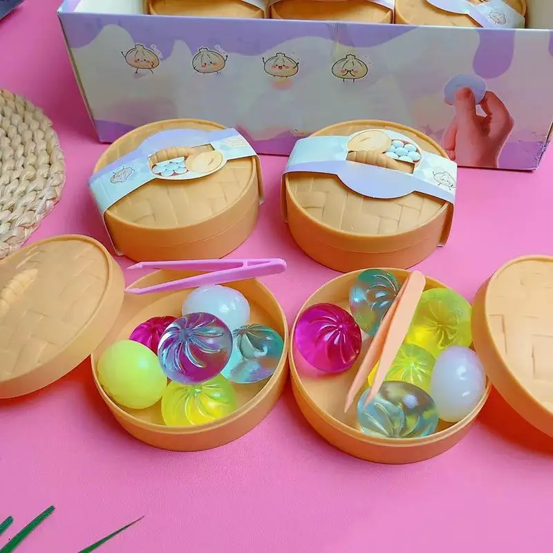 .New.6Pcs Mini Dumplings With Steamer Bun Squeezable Toys Set Soft Stress Relief Crystal Fidget Sensory Toy Party Favors Gift