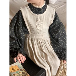 1-10 Yrs Floral Girls Shirt Spring Fall Cotton Breathable Kids Blouse Vintage Linen Cotton Lace Vest Dress Children Outfits Xmas