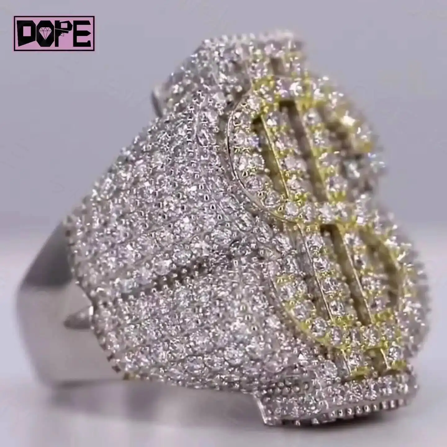 Iced Out Mens Ring VVS Two Tone Hiphop Custom Money  Dollar Sign 925 Sterling Silver Moissanite Ring