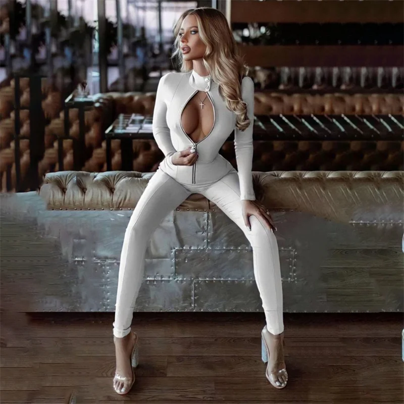 2023 New Round Neck Women's Zipper Jumpsuit Leggings Sexy Solid Color Jumpsuit Women Summer Party Skinny Stretch  Streetwear