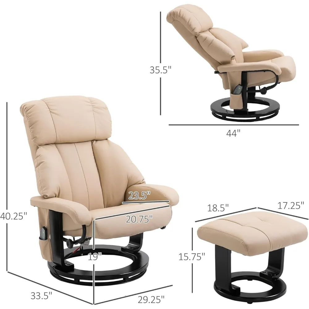 Massage Recliner Chair with Ottoman, 360° Swivel Recliner and Footstool, PU Leather Reclining Chair with Side Pocket Beige