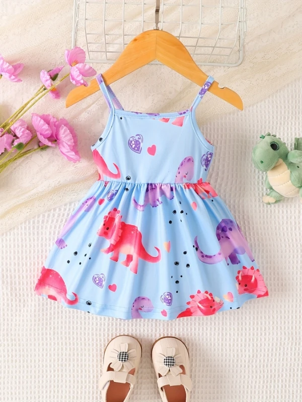 فستان بحزام سباغيتي جميل للفتيات | طباعة ديناصور وردي وأرجواني مع تنورة من التول - فستان بدون أكمام لعوب" #4