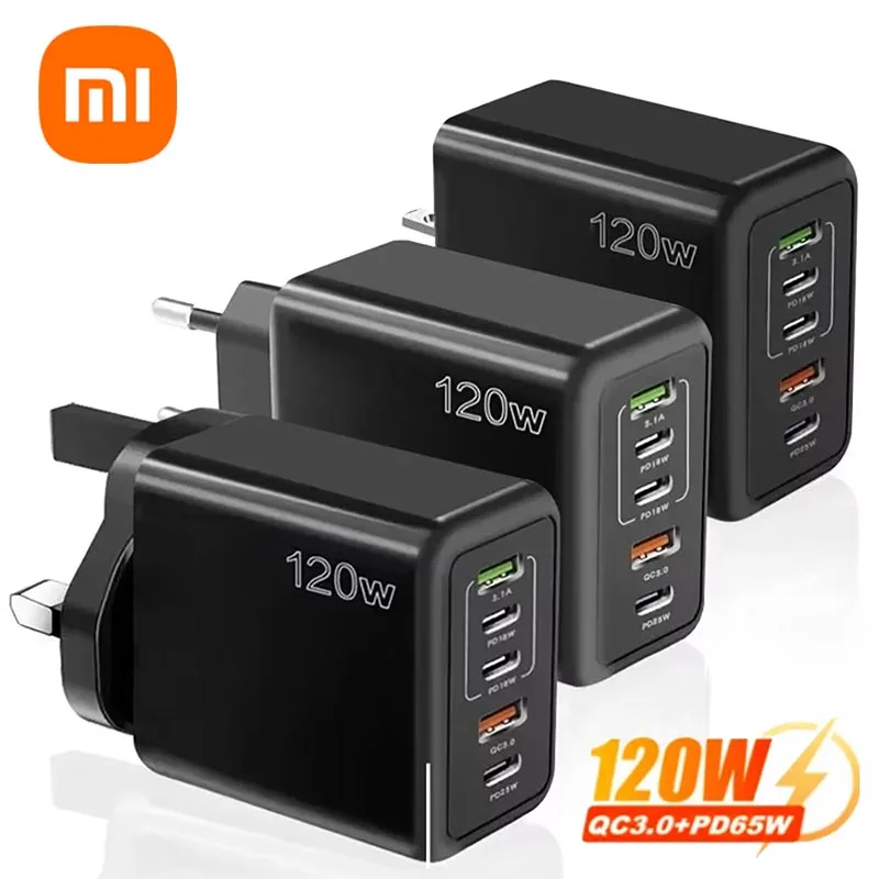 Xiaomi 120W Fast Charger 5 Ports USB C Multi Ports PD Quick Charge 3.0 Wall Phone Adapter for iPhone Samsung Huawei Devices