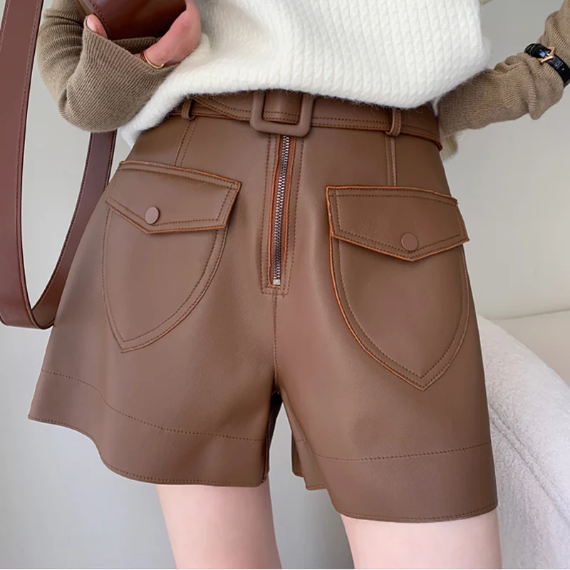 Lambskin Shorts 2024 Women Autumn Harajuku Japanese Straight Pocket Versatile Fashionable Leather Pants Grey Calzones Mujer Ropa