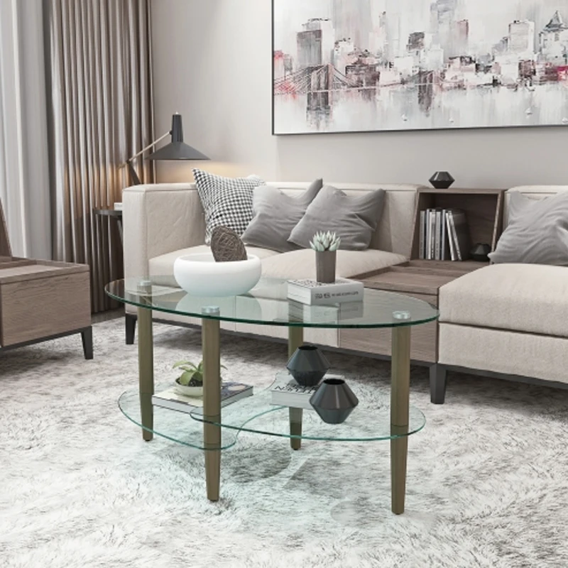 Transparent Oval glass coffee table, modern table in living room Oak wood leg tea table 3-layer glass table