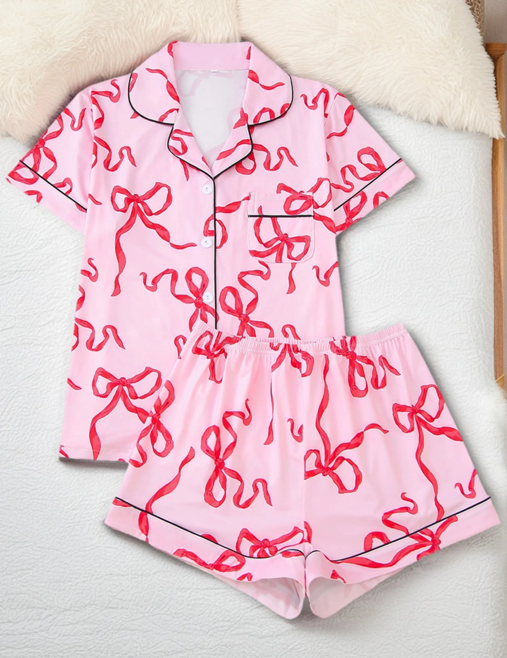 

Women Bow Print Pjs Set Shirt Button Down Short Sleeve Shirt Shorts 2 Piece Pajama Set Sleepwear Sets