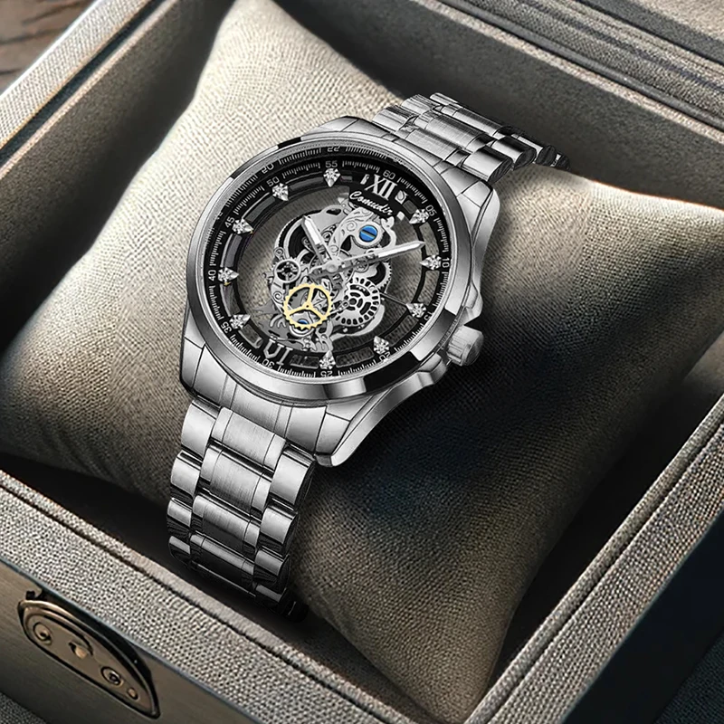 

A men's business-casual elegant quartz watch with water diamond cutout, silver dial, and silver stainless steel band