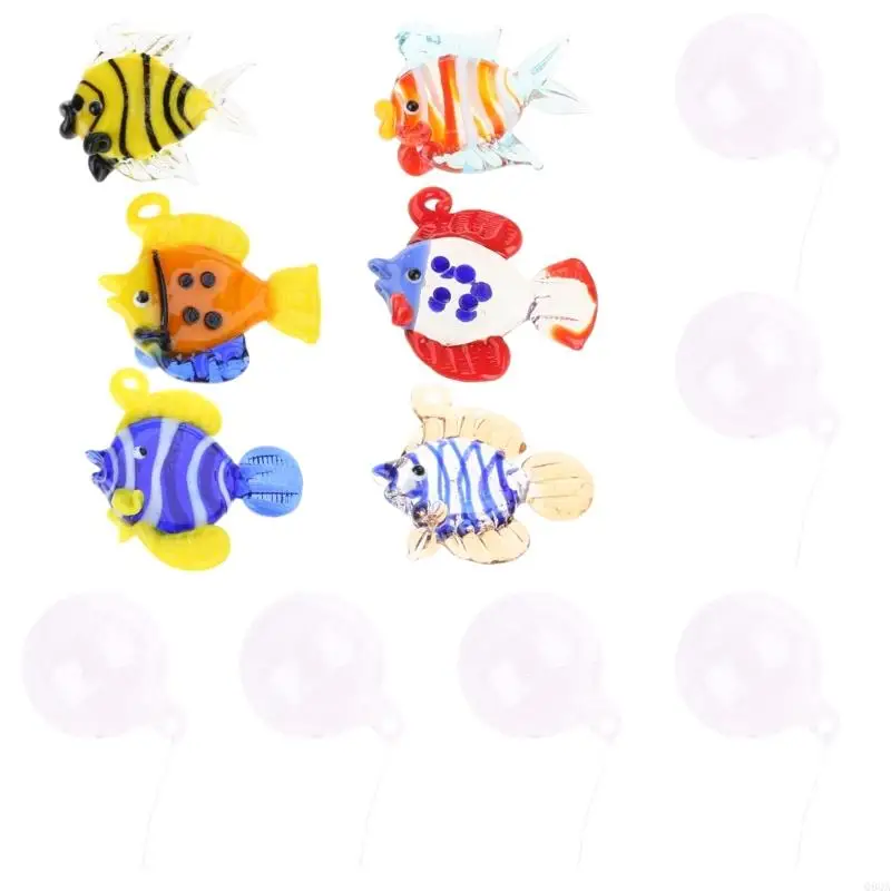 Q9QA סט של 6 דגים תלויי זכוכית אומנותיים עם בועה, קסם חלון קישוט מצוף אקווריום לבית ולמשרד