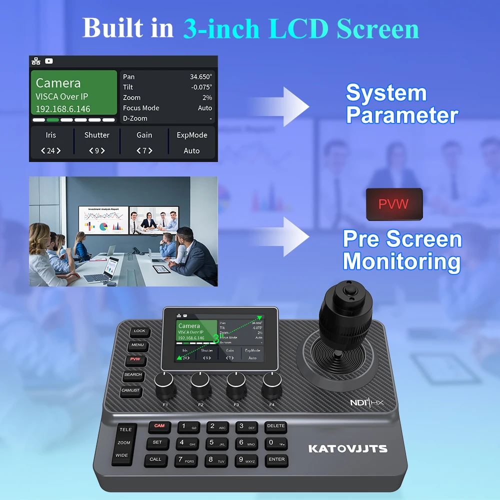 KATOVJJTS NDI 4D Joystick Keyboard PTZ Camera Controller With 3-inch Display Screen Support POE For Live Church Meeting Keyboard
