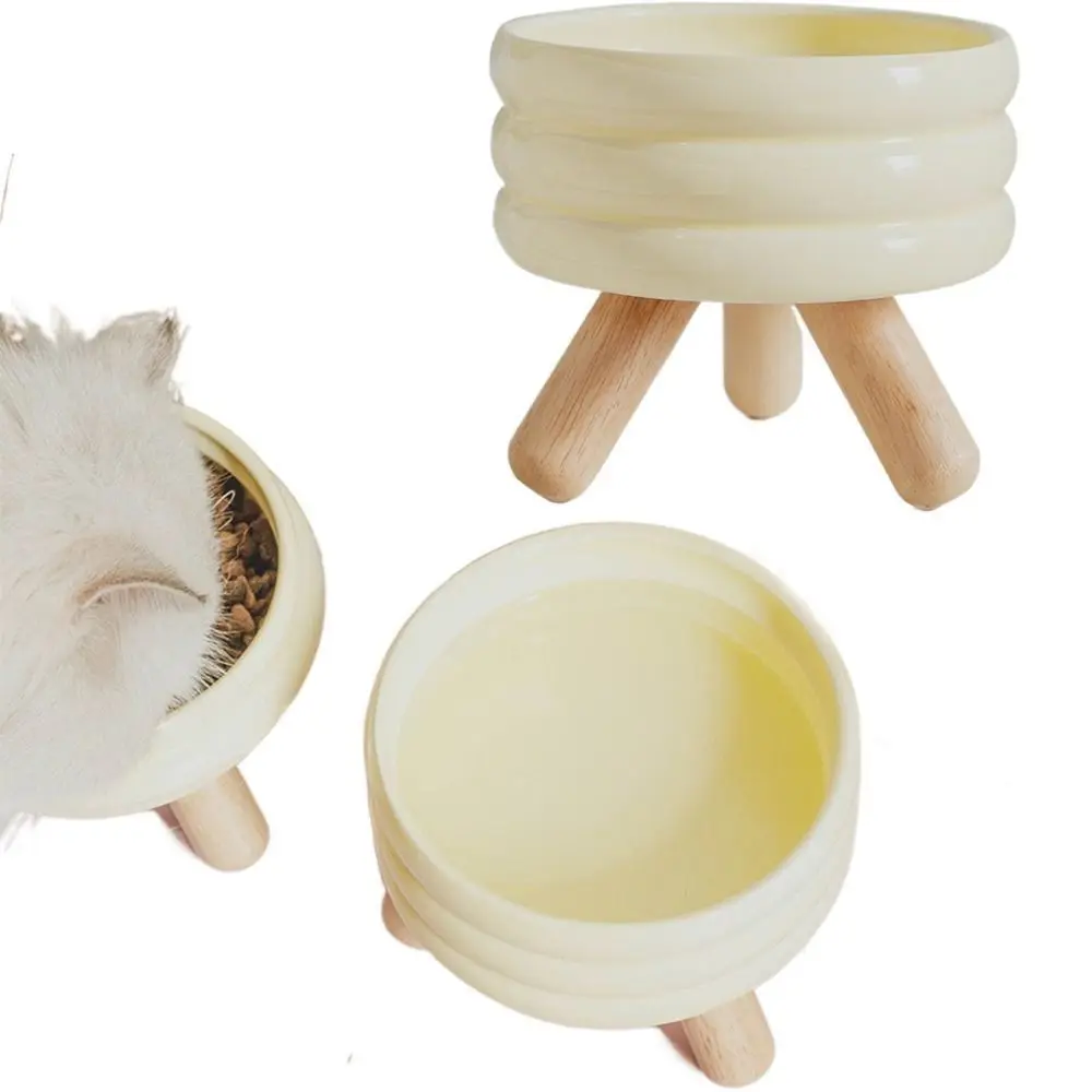 Detachable Cat Ceramic Bowl with Stand Stackable Anti-slip Kitten Food Basin Wood Shelf Anti Vomit Pet Elevated Feeders Drinking