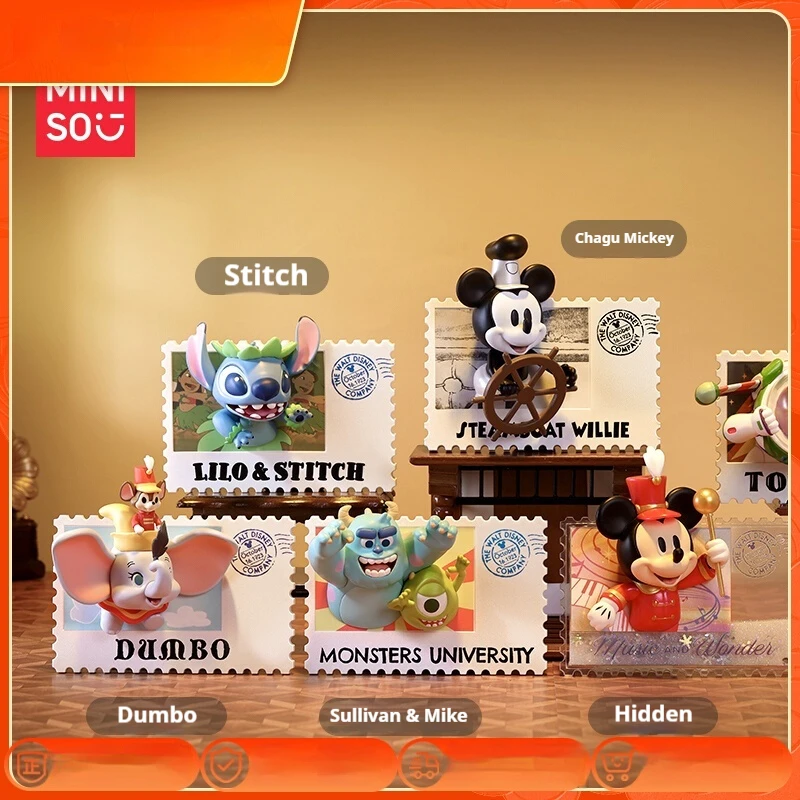 Miniso Disney Retro Stamp Blind Box, pegatina de refrigerador, regalo hecho a mano, colección de Anime, cumpleaños, Winnie Stitch, caja misteriosa