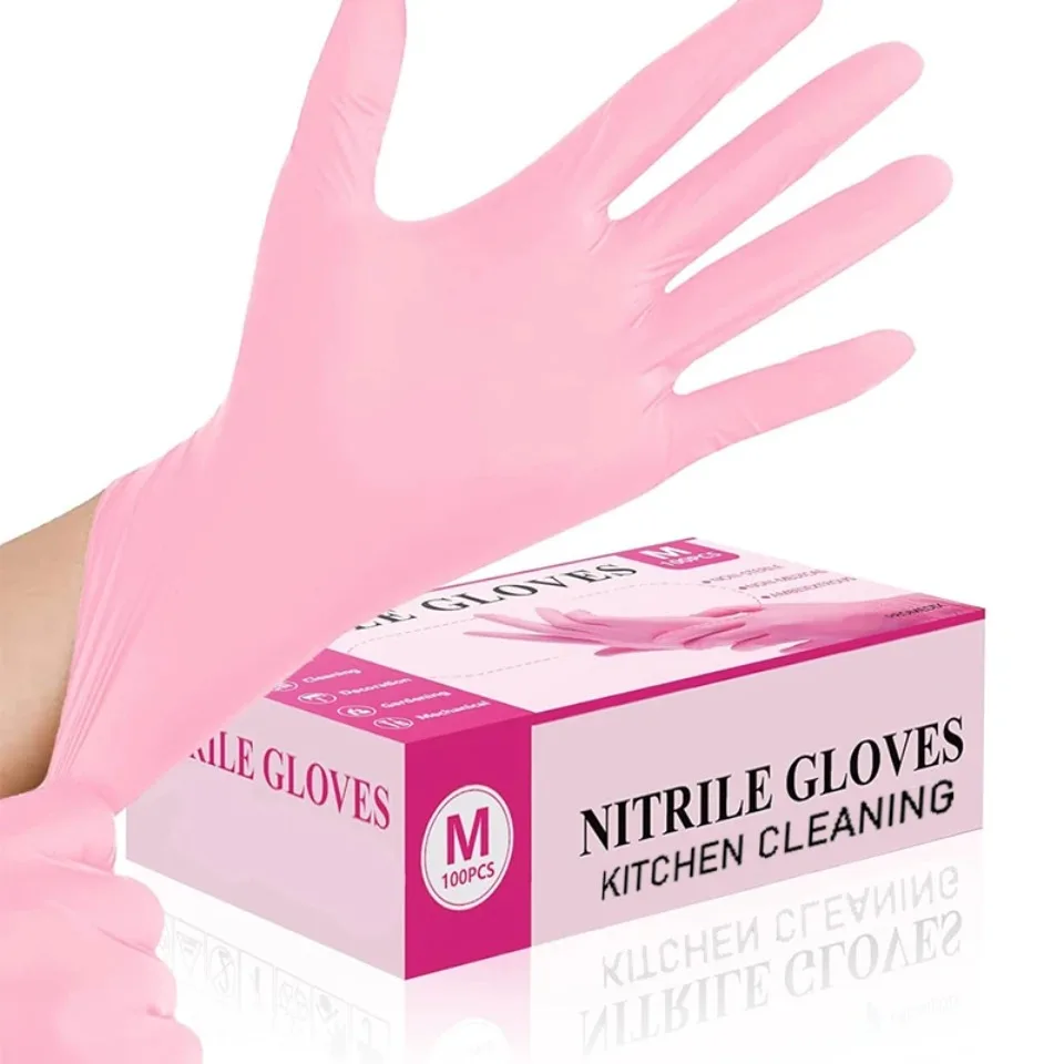 20/50/100PCS Pink Nitrile Gloves Disposable Waterproof Cleaning Gloves Kitchen Hairdressing Pet Bathing Household Work Gloves
