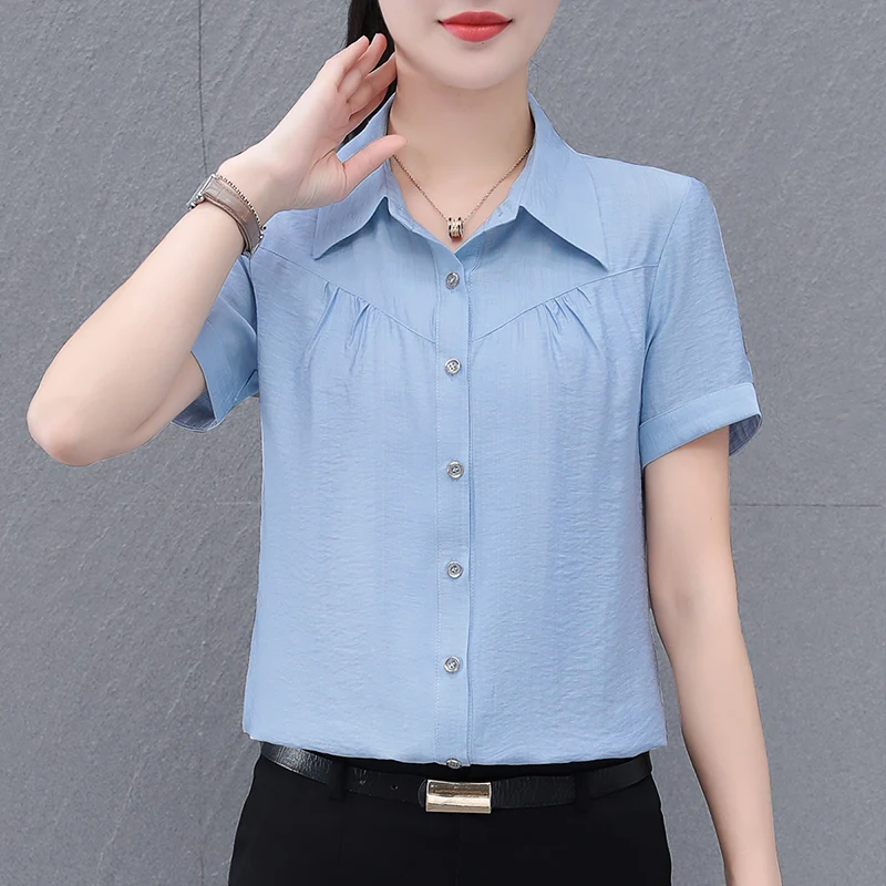 Lady Fashion versatile short sleeved shirt for women\'s new summer commuting comfortable and breathable lapel loose casual top