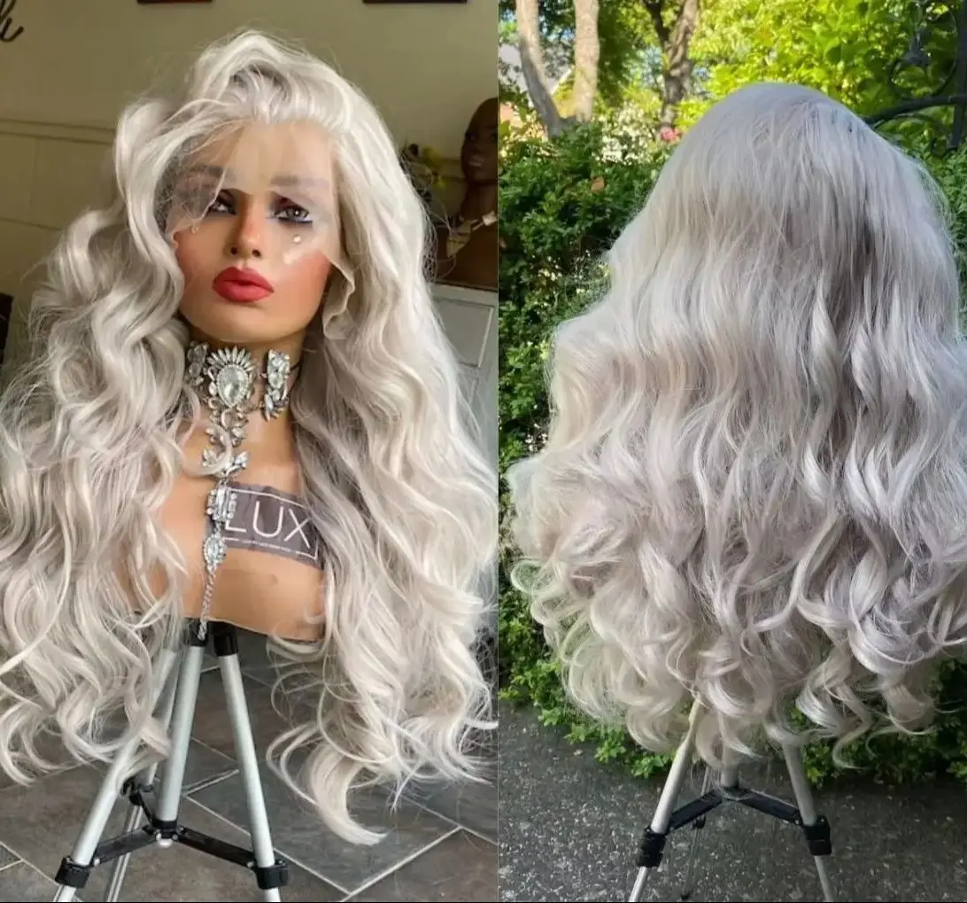 

Серебристо-серый/синий/розовый парик Объемная волна Кружевной фронтальный парик 13x4 HD Прозрачный синтетический парик фронта шнурка Готов к ношению Бесклеевой косплей