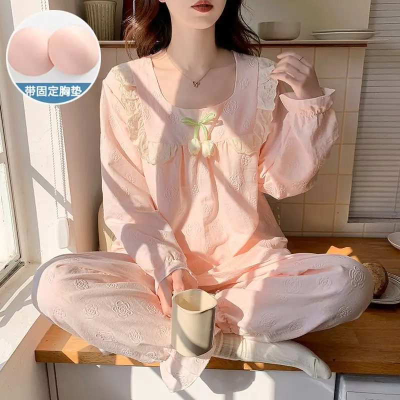 

2 шт./компл. женские пижамы с подушечками на груди, одежда для сна с длинными рукавами в стиле принцессы, простая домашняя одежда, домашняя одежда, которую можно носить на улице