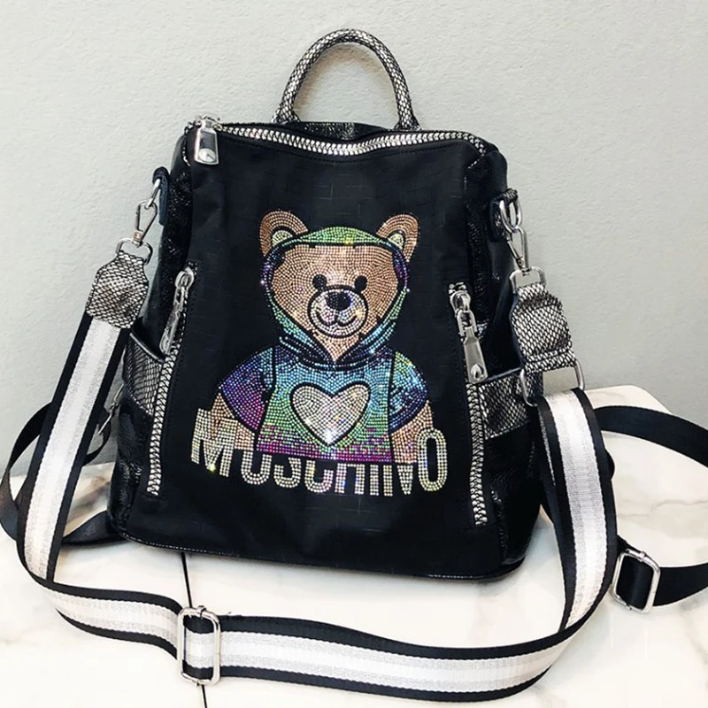 Mochila de marca de lujo para mujer, bolso de hombro femenino de gran capacidad, personalizado, versátil, oso de diamante de moda