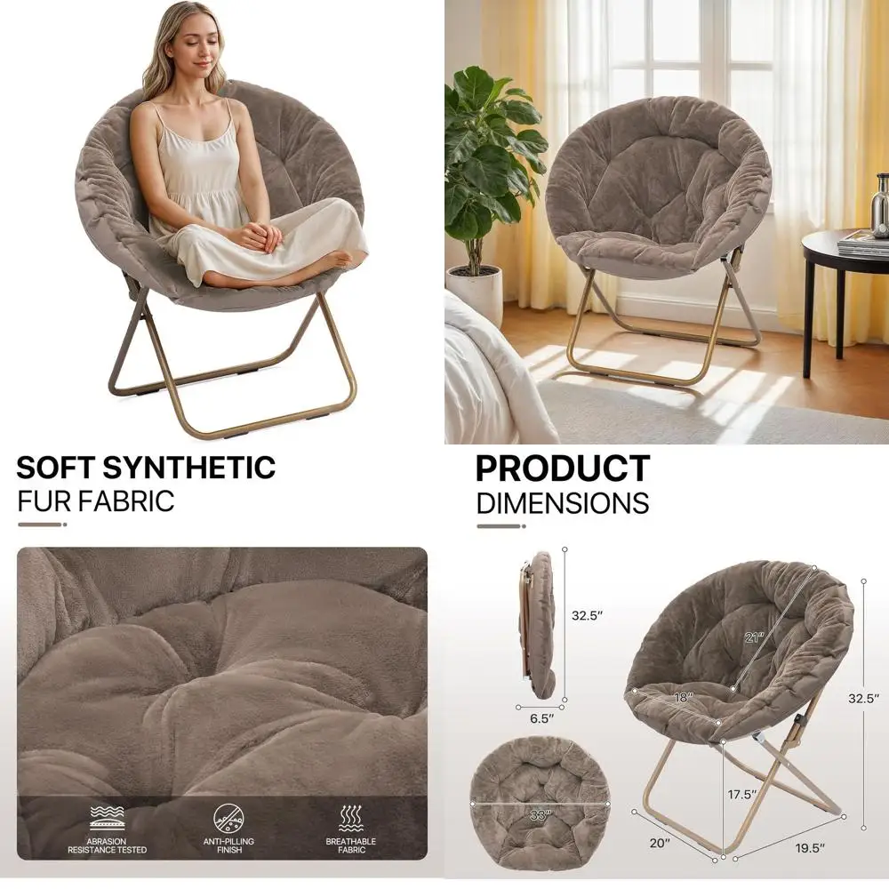 

Folding Cozy Faux Fur Chair for Bedroom, Living Room - Adult Reading Chair with Metal Frame, Brown