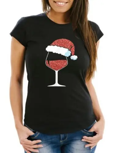 Damen T-Shirt Weihnachten Lustig Weinglas Weihnachtsmütze Prost Alkohol Frauen