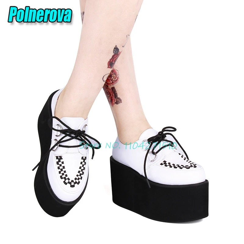 Punk Style Chunky Platform Women's Pumps Round Toe Thick Soled Lace-Up High Heels Fashion Patent Leather Height-Increasing Shoes